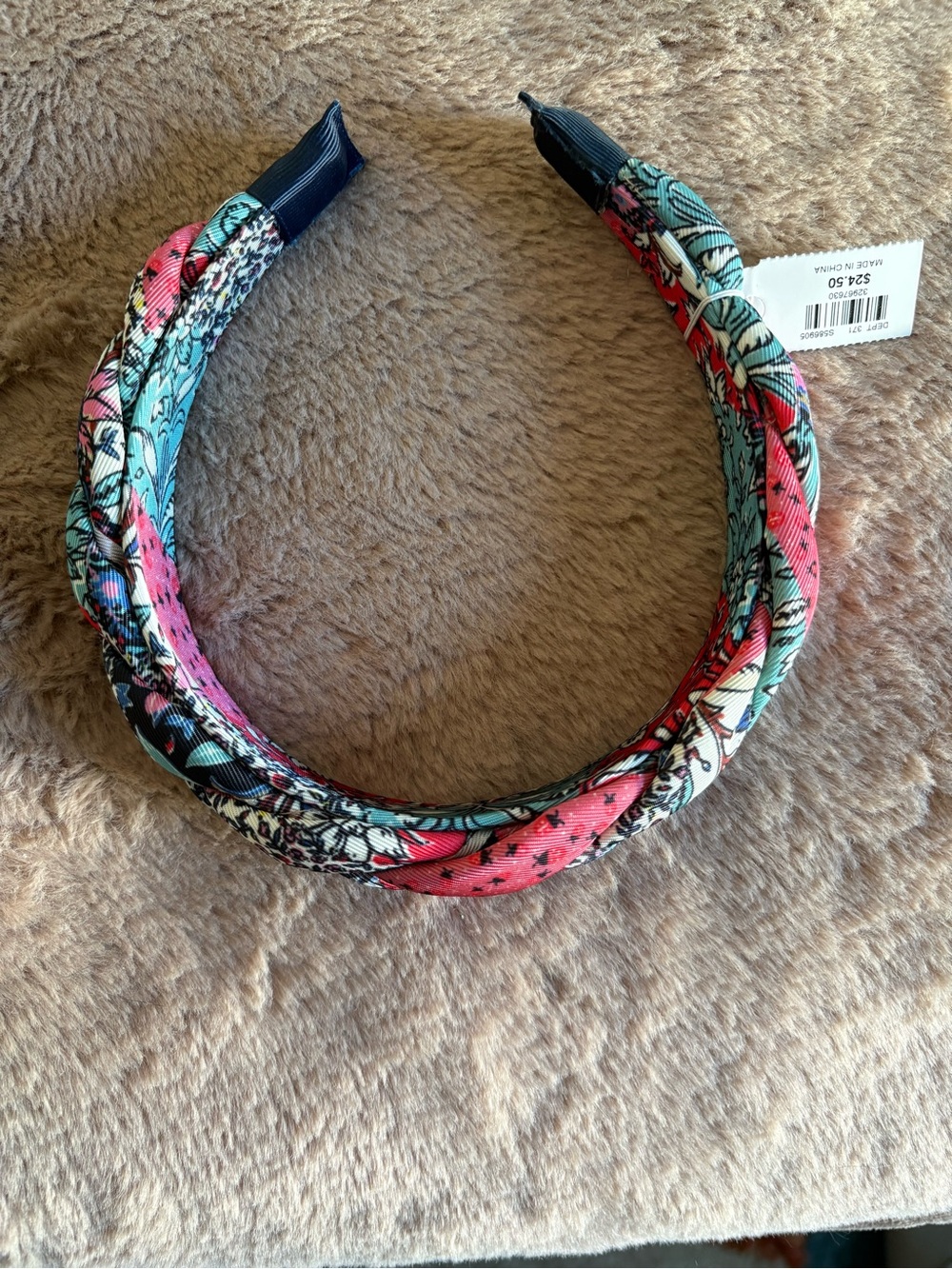 LOFT Multicolor Braided Fabric Headband - Pink & Teal Floral